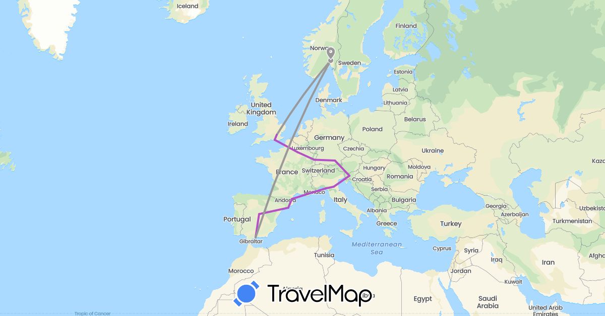 TravelMap itinerary: plane, train in Germany, Spain, France, United Kingdom, Italy, Norway, Slovenia (Europe)
